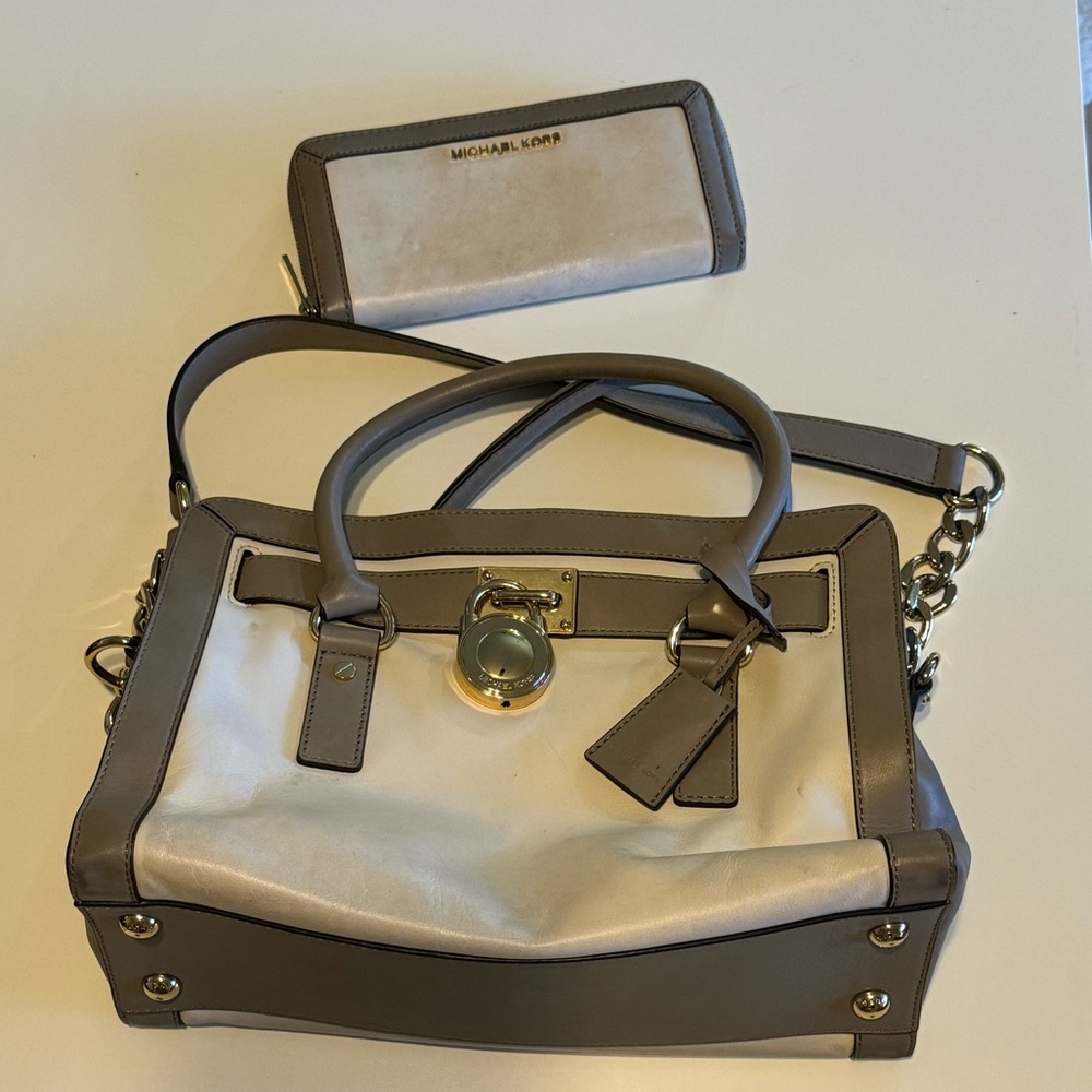 Michael Kors Hamilton Cream and Gray Leather Lock Satchel Handbag and Wallet Set